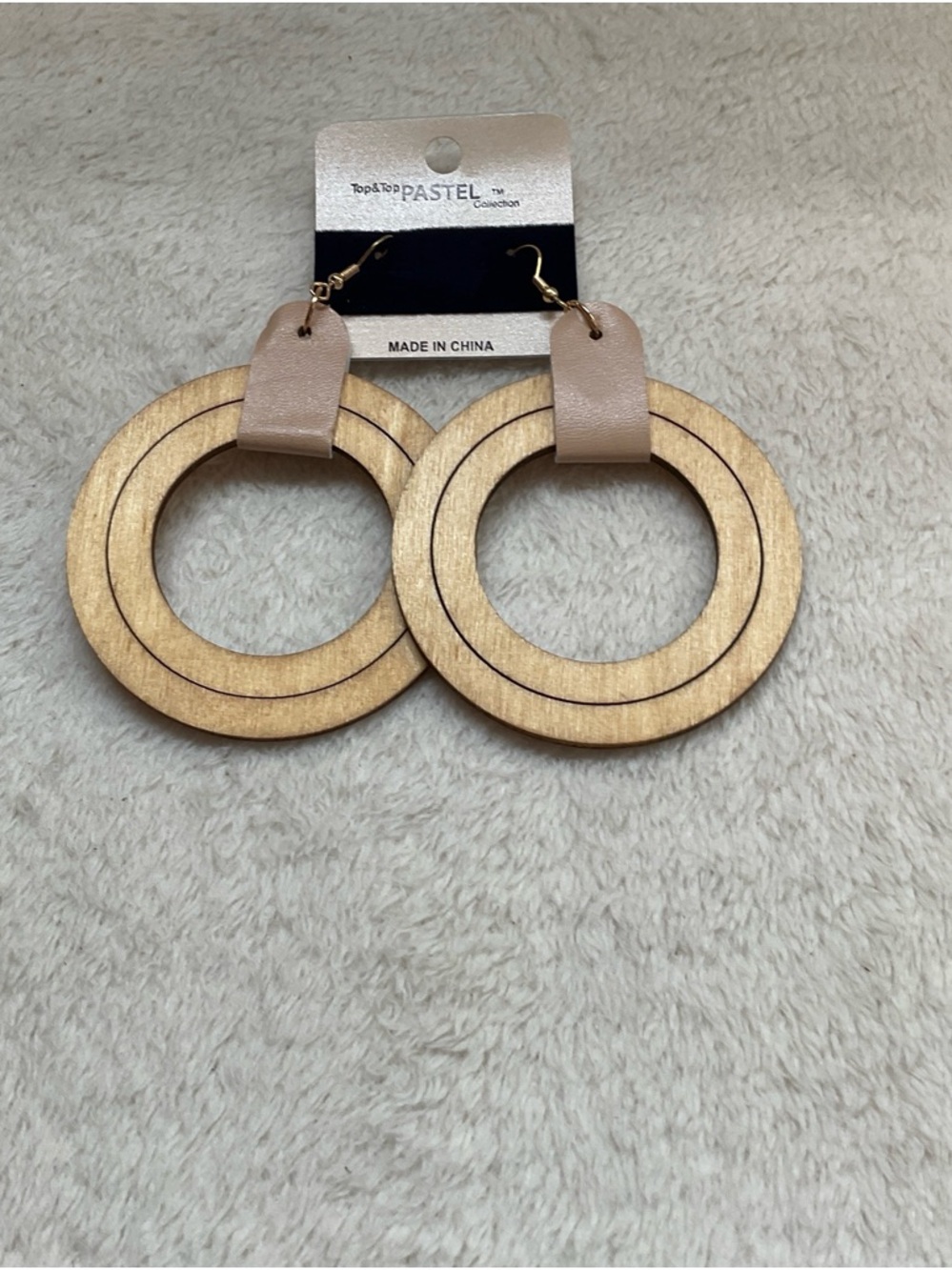 Pastels Blush Leather and Natural Wood Hoop Earrings
